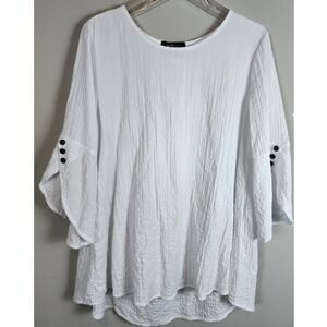 Yushi Womens White Textured Bell Sleeve Tunic Top Coastal Sz M
